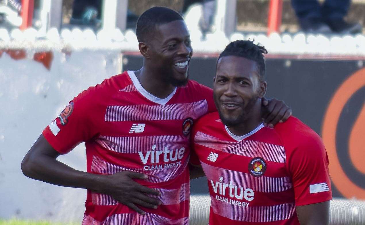 Ebbsfleet's Rakish Bingham and Dominic Poleon - took their combined tally to 29 goals for the season on Saturday. Picture: Ed Miller/EUFC