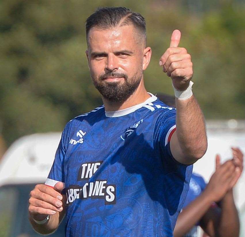 Player-manager Ben Greenhalgh shows his appreciation to the fans. Picture: Stuart Watson