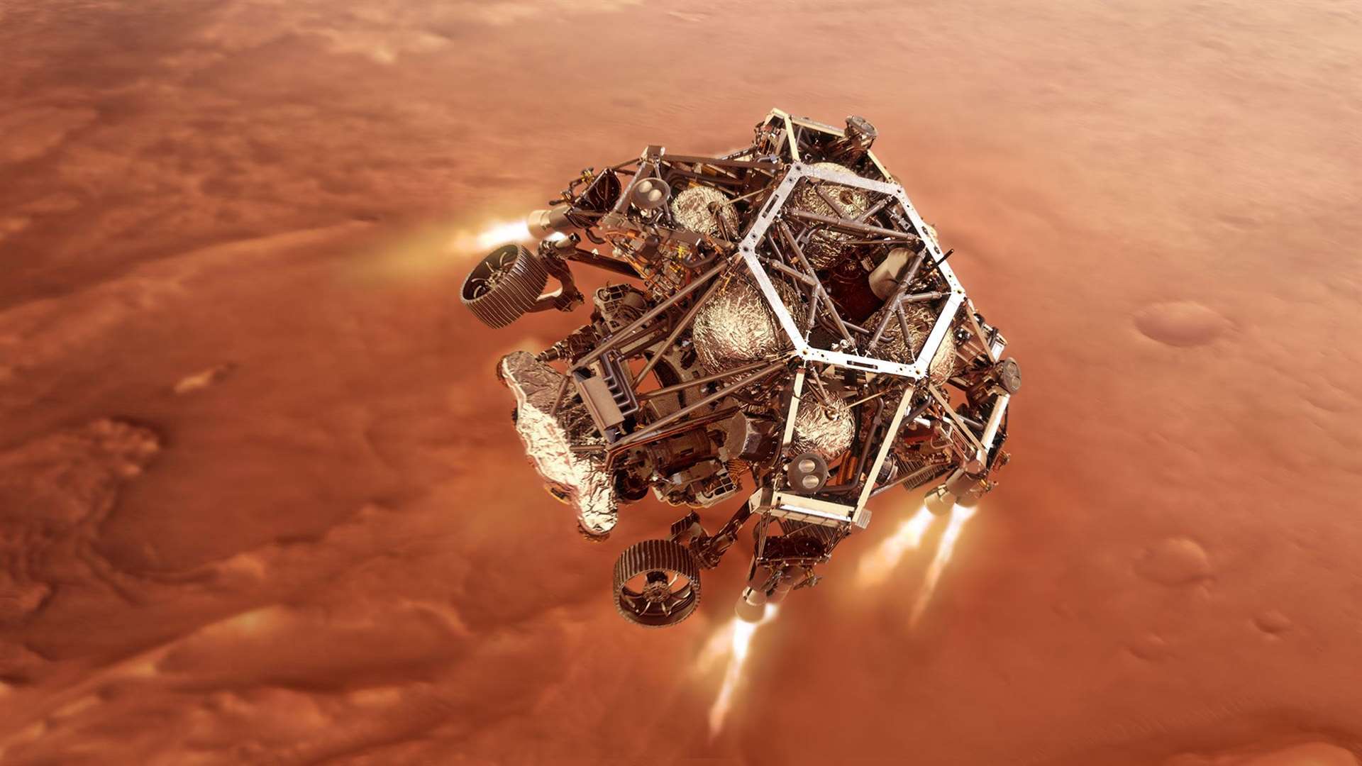 Artist’s impression of Perseverance rover firing up its descent stage engines as it nears the Martian surface (NASA/JPL-Caltech)