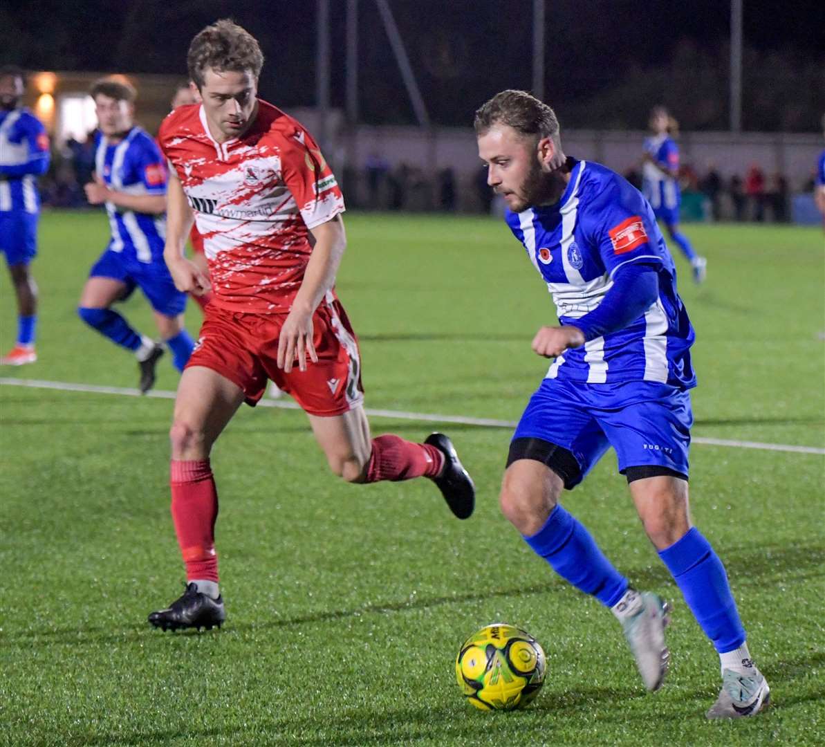 Jack Parter in action for Herne Bay during last midweek’s clash against Ramsgate. The two sides meet at Southwood on Saturday. Picture: Stuart Watson