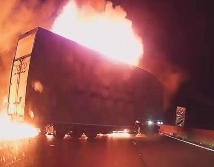 Anthony Moc was travelling along the M25 clockwise, between Junction 5 for Sevenoaks and Junction 6 near Godstone, when the Tesco lorry crashed into a barrier and burst into a fireball. Picture: Anthony Moc