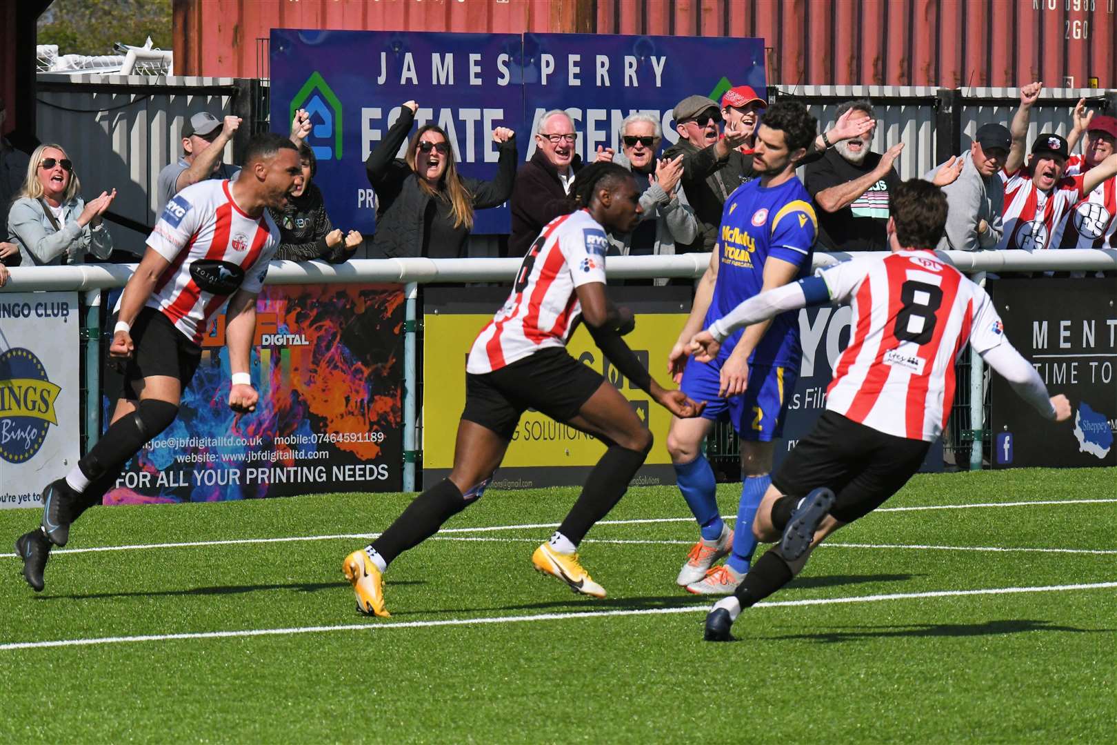 Jefferson Aibangbee celebrates after scoring the second goal for Sheppey United against Hollands & Blair last Saturday. Picture: Marc Richards