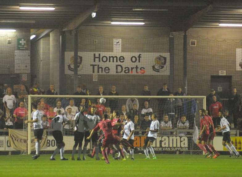Ricky Miller's free-kick deflects off the Dartford wall for the opening goal Picture: Steve Crispe