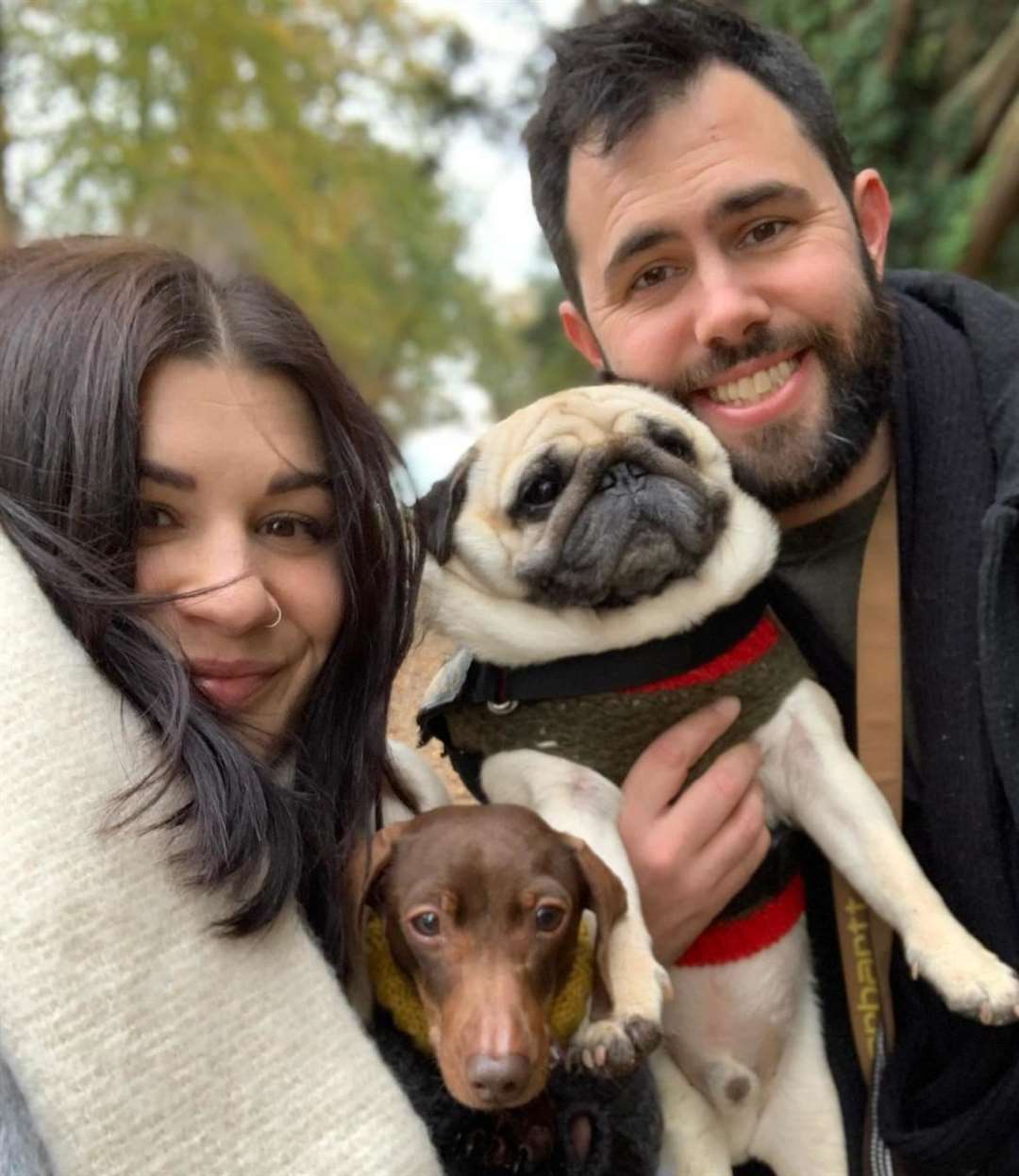 Charlie and Nick with Puggy Smalls and Pops the Sausage