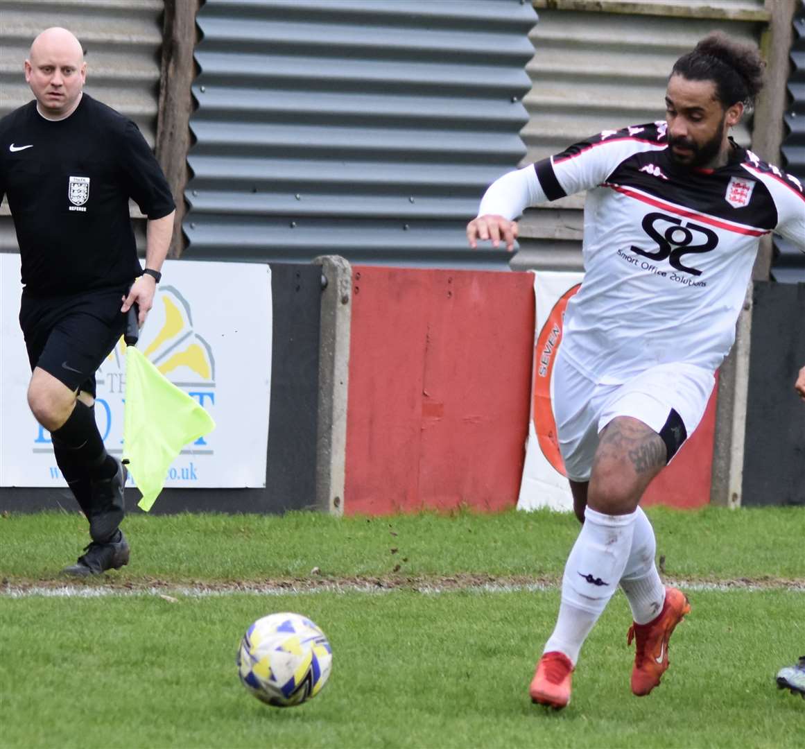 Stefan Payne - came off the substitutes’ bench at Bearsted to mark his 50th appearance for the Lilywhites with a late goal. Picture: Alan Coomes