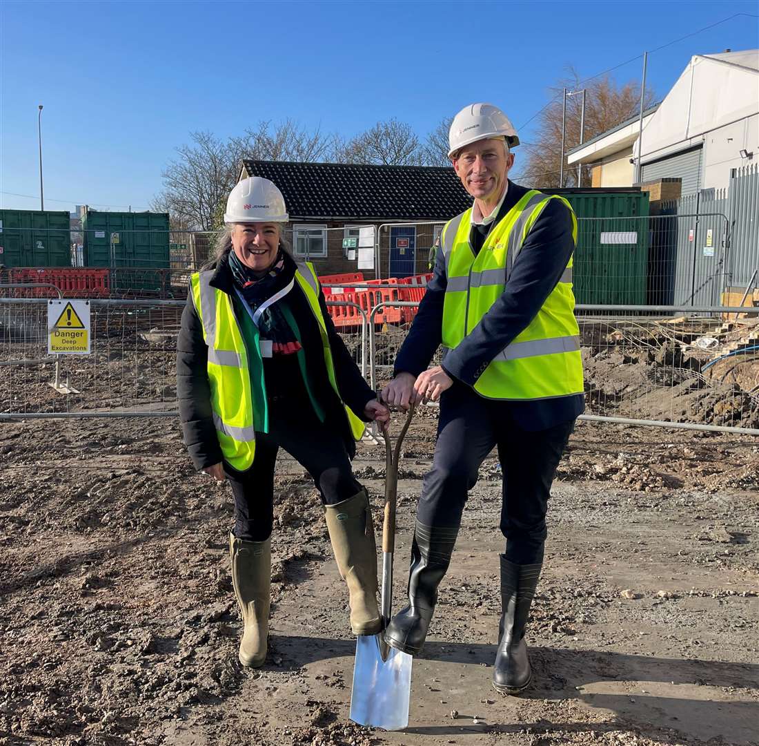 Cllr Monique Bonney and EKC boss Graham Razey planted the first shovel in the ground for the new Sheppey College extension. Picture: Joe Crossley