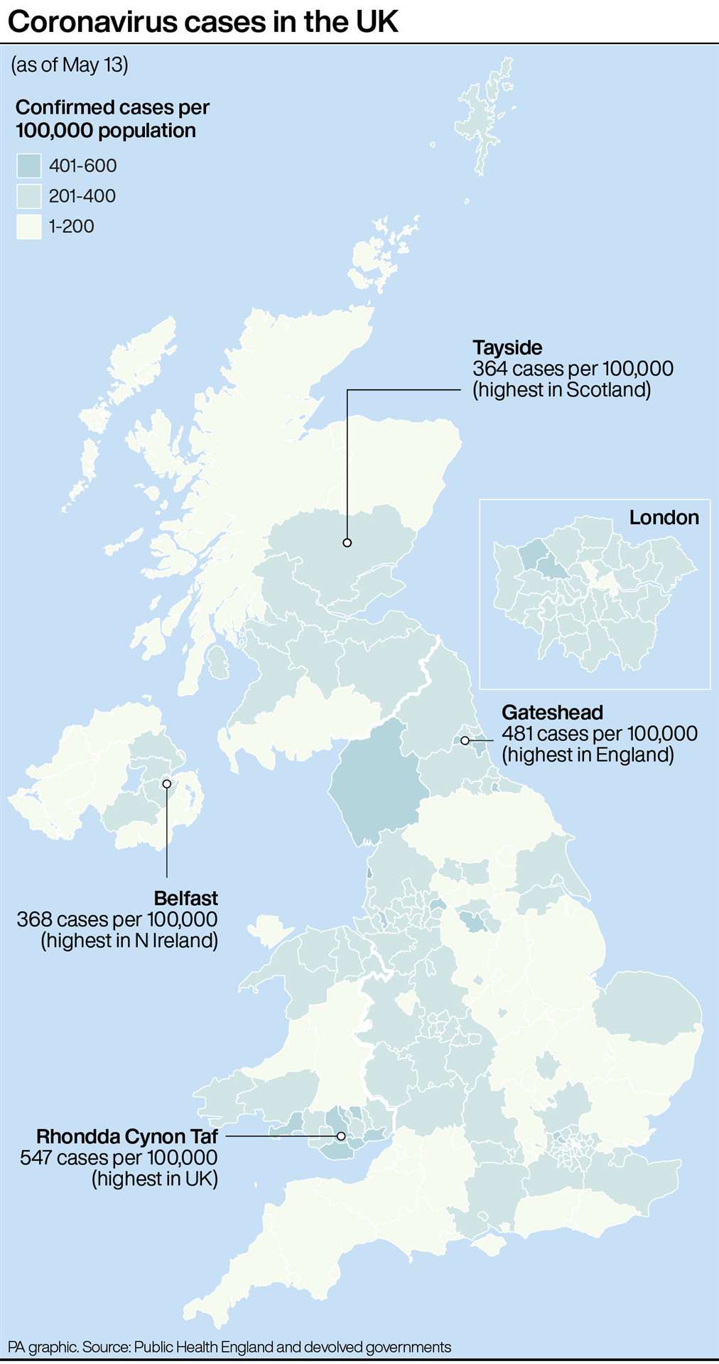 Coronavirus cases in the UK (PA Graphics)