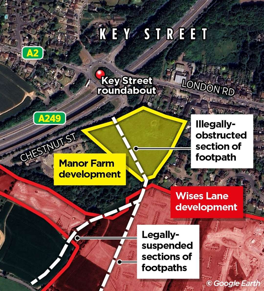 A graphic showing where the blocked footpath is in Borden