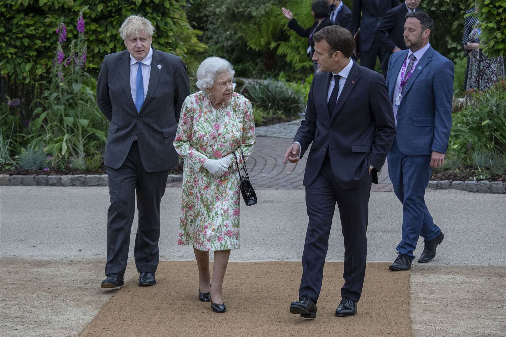 The Queen with French President Emmanuel Macron and Prime Minister Boris Johnson during the recent G7 summit (Jack Hill/The Times/PA)