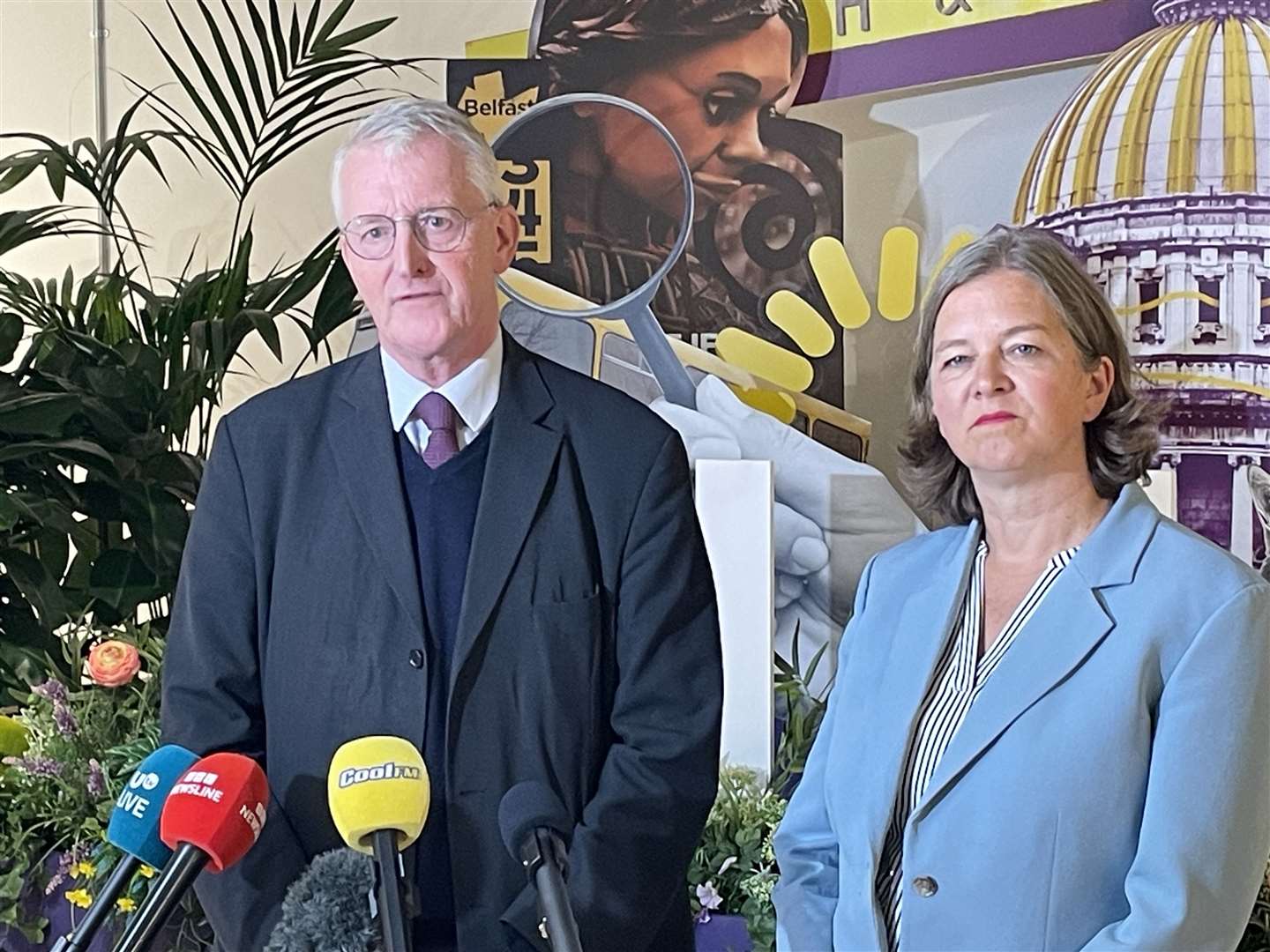 Northern Ireland Secretary Hilary Benn and parliamentary under-secretary of state Fleur Anderson speak to media at a community centre in Belfast (Rebecca Black/PA)