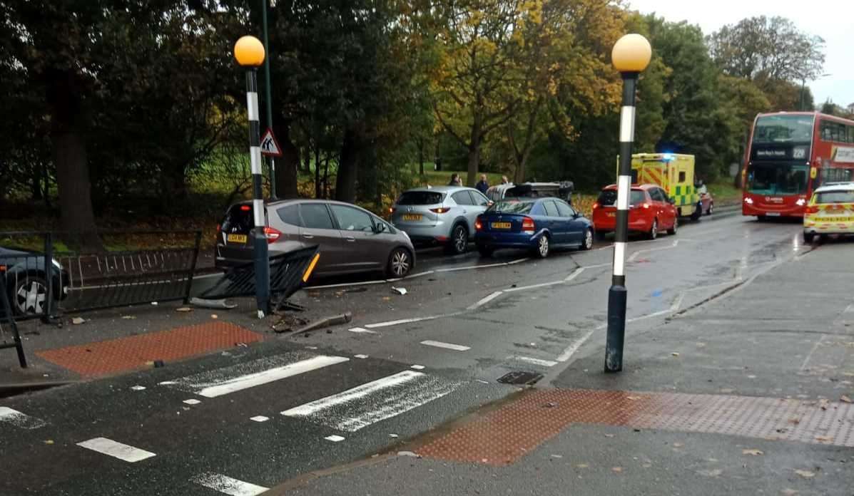 Damage to a pedestrian crossing can be seen