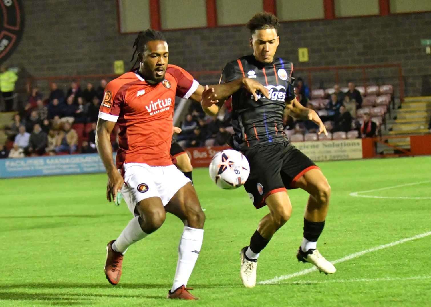 Ebbsfleet's Dominic Poleon battles against Aldershot on Tuesday night. Picture: Ed Miller/EUFC