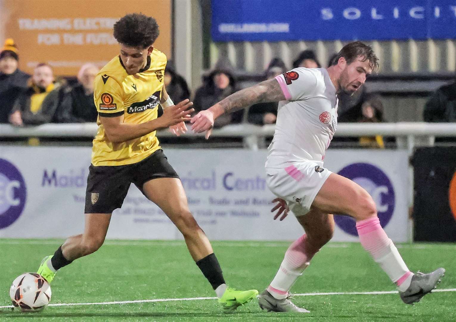 Maidstone forward Sol Wanjau-Smith runs at the Farnborough defence. Picture: Helen Cooper