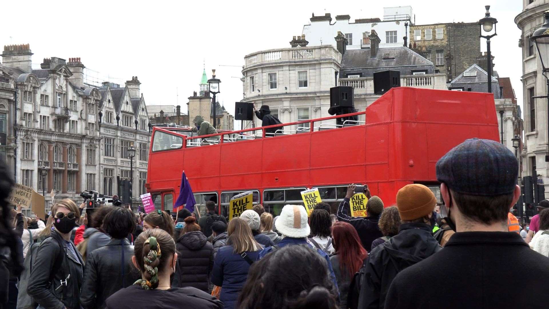 Demonstrators gave speeches from a double decker bus in Trafalgar Square (Renee Bailey/PA)