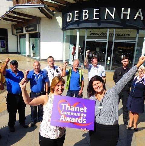 Westwood Cross marketing manager Sarah Goodman and centre manager Francesca Donovan and mall staff show their support for the Thanet Community Awards.