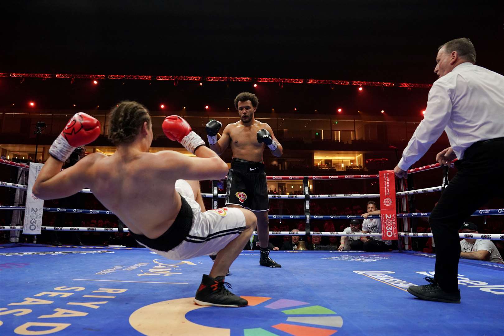 Moses Itauma with the punch to finish Ilja Mezencev off at the Kingdom Arena Picture: Queensberry