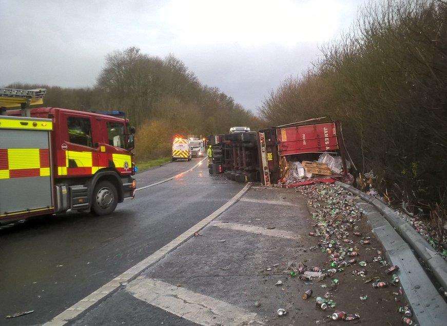 The lorry overturned on the exit slip road of the M2. Picture: Kent Fire and Rescue Service