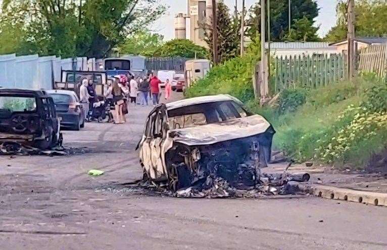 Two cars were destroyed by fire as police attended an incident in Derling Way, Denton. Picture: Kent Police