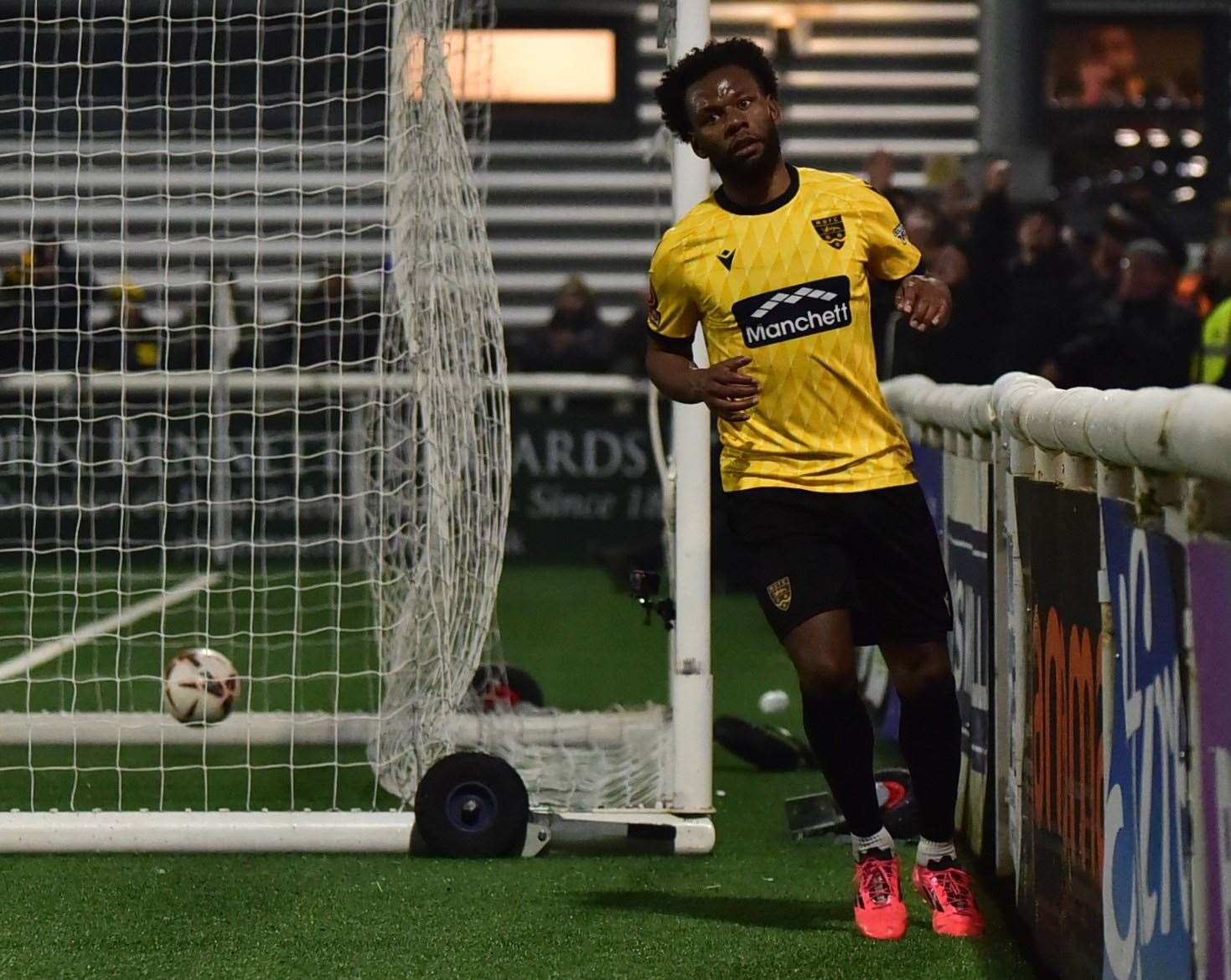 Maidstone United striker Shaq Coulthirst completes his hat-trick. Picture: Steve Terrell