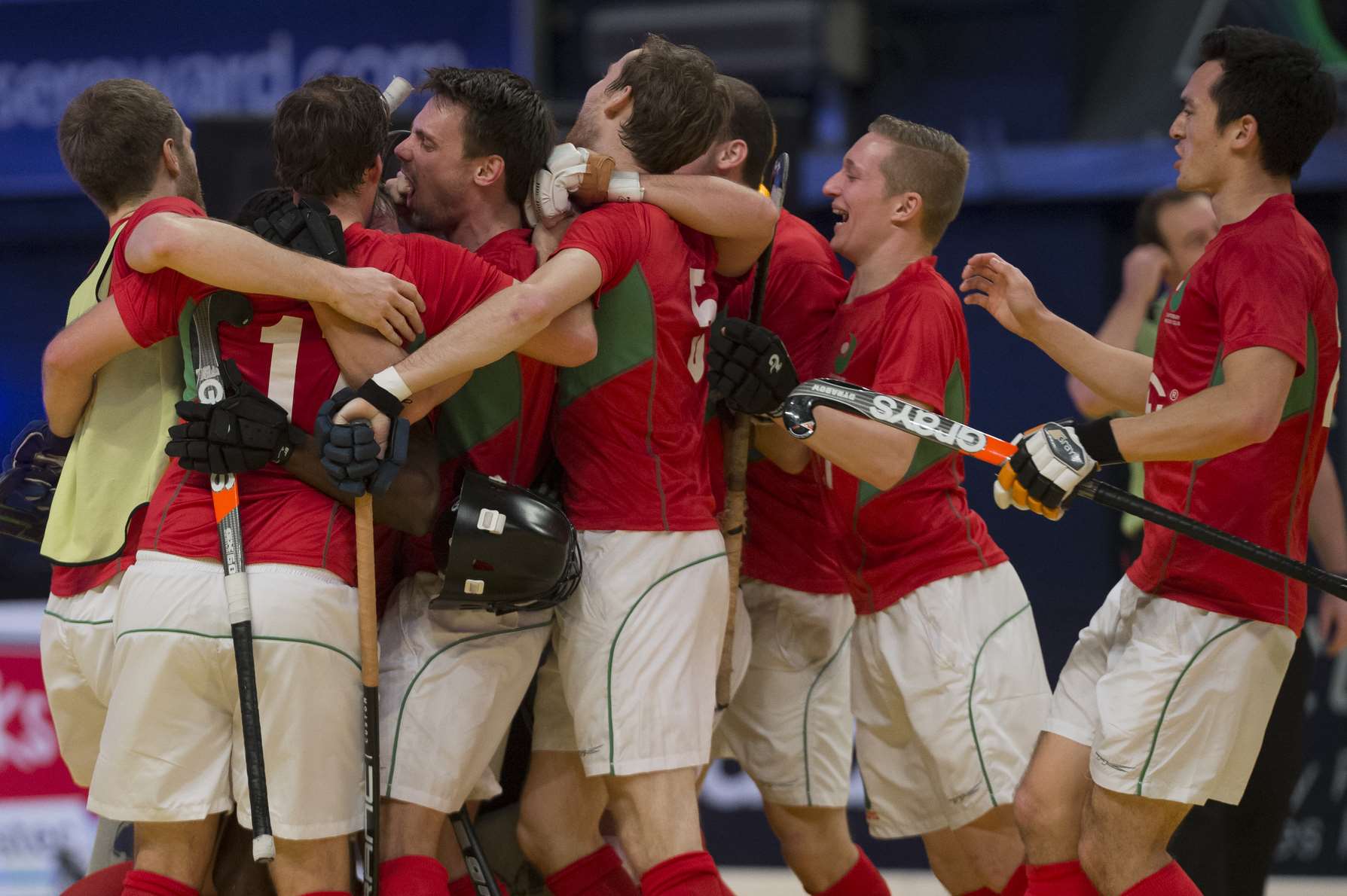 Canterbury's players, including Tom Richford, centre, celebrate their winner against Sevenoaks. Picture: Ady Kerry