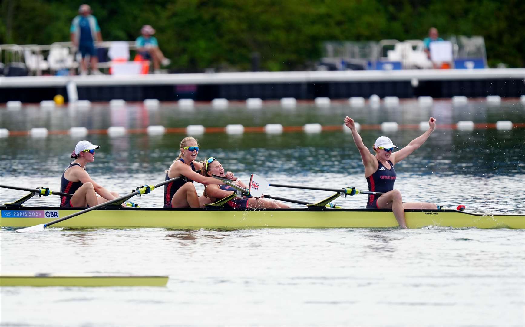 Team GB’s Lauren Henry, Hannah Scott, Lola Anderson and Georgie Brayshaw celebrate winning gold in a photo-finish in the women’s quadruple sculls (Mike Egerton/PA)