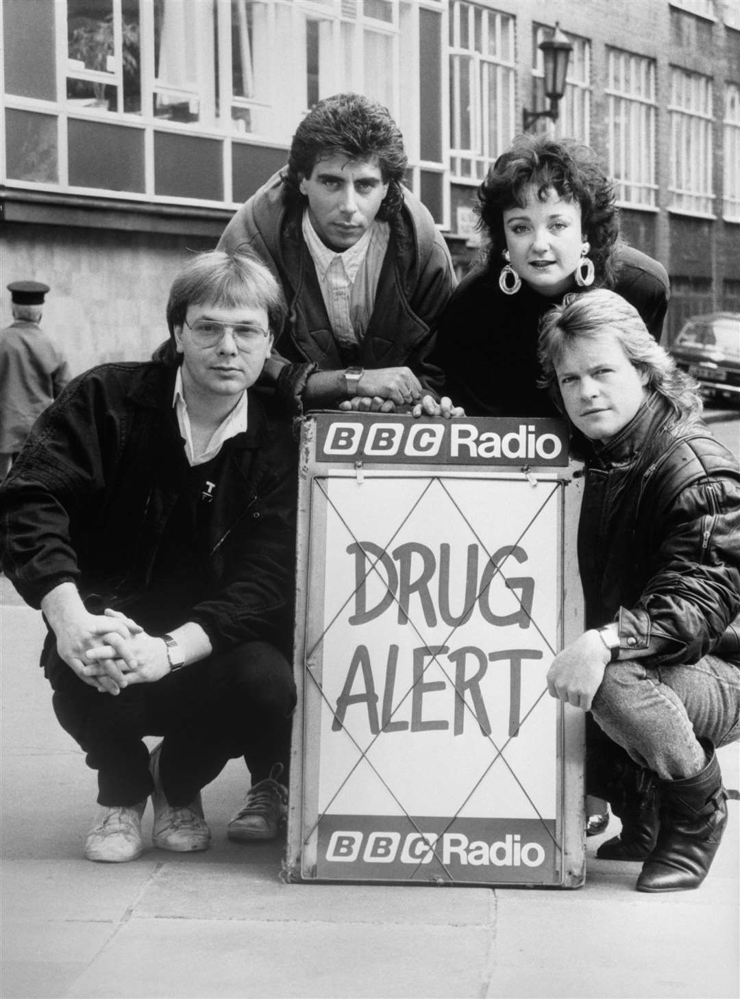 Radio 1 disc jockeys Adrian John, Gary Davies, Janice Long and Bruno Brookes take part in an anti-drug use campaign (PA)