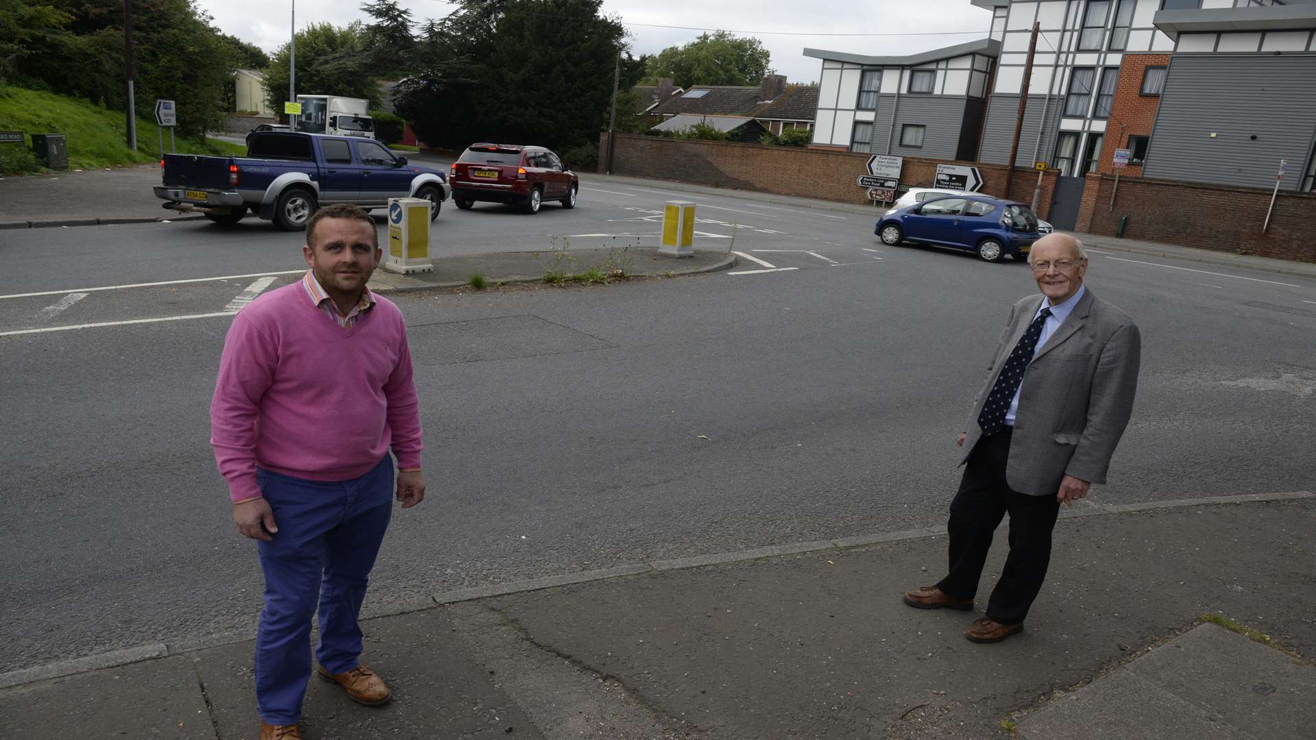 Councillors Ben Martin and Mike Henderson at the junction of the A2 and the A251.