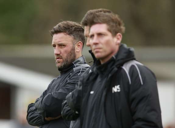 Maidstone boss Jay Saunders, left, with Jamie Coyle and Nicky Southall Picture: Martin Apps