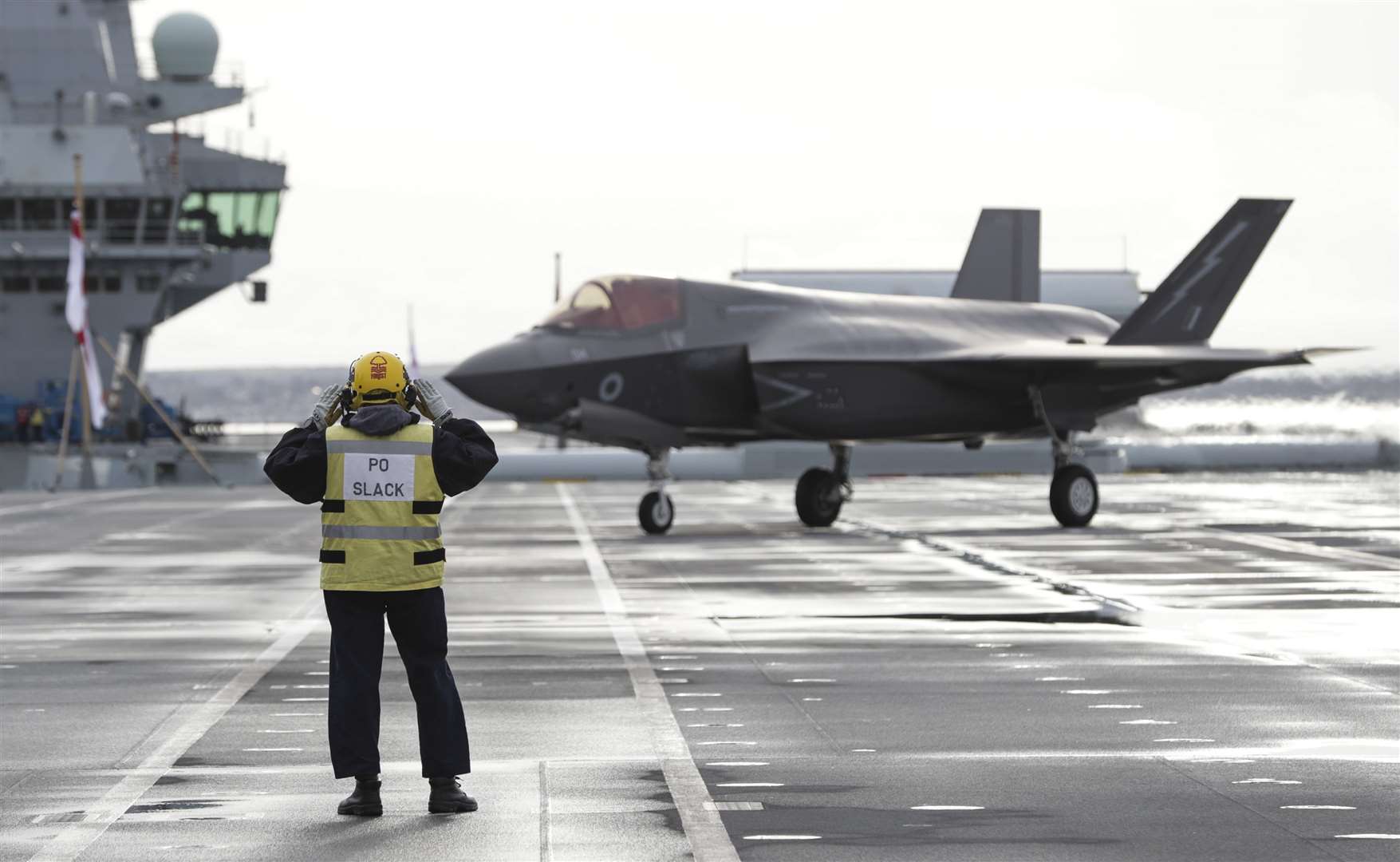 An RAF F-35B Lightning jet preparing to take off from the flight deck of the HMS Queen Elizabeth (LPhot Belinda Alker/MoD/PA)