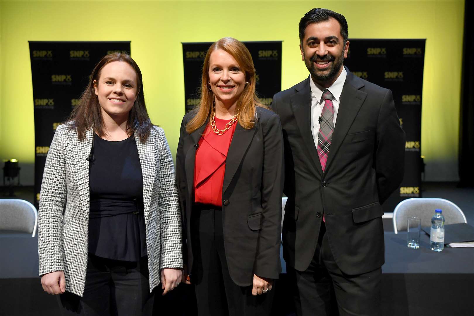 Kate Forbes, Ash Regan and Humza Yousaf at the first SNP leadership hustings in Cumbernauld (Andy Buchanan/PA)