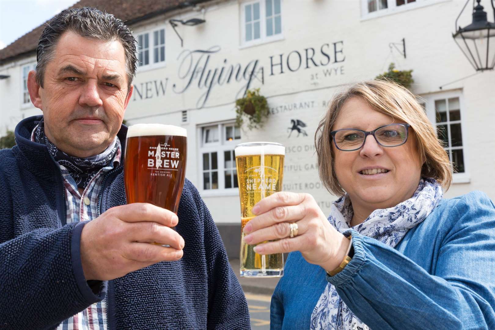 Joe and Jane Mullane outside the New Flying Horse in Wye