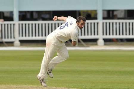 Kent's loan signing Steffan Jones in action on the opening day of the season at St Lawrence. Jones had to wear the kit earmarked for overseas star Stuart Clark after only joining the Spitfires at the weekend. Picture: BARRY GOODWIN