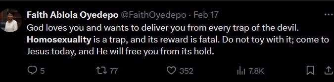 Faith Oyedepo of Winner's Chapel, which is due to open a church in Ashford, has described homosexuality as a "trap of the devil" in online posts