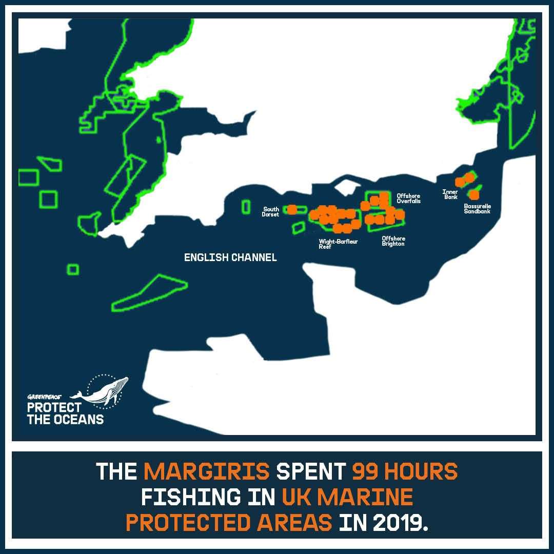 A Greenpeace diagram showing the activities of the supertrawler Margiris in UK marine protected areas throughout 2019 (Greenpeace/PA)