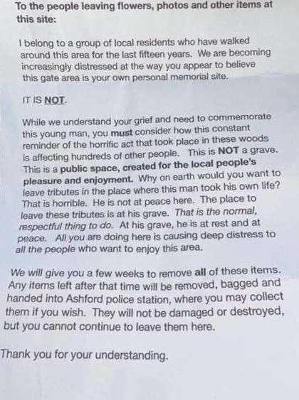 The note left to people leaving tributes