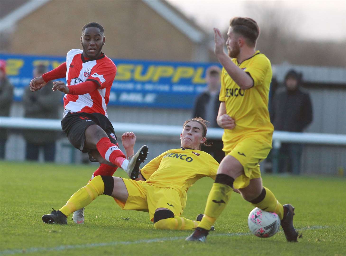 Harrison Hatfull makes a challenge playing for K Sports against Sheppey in Southern Counties East Picture: John Westhrop