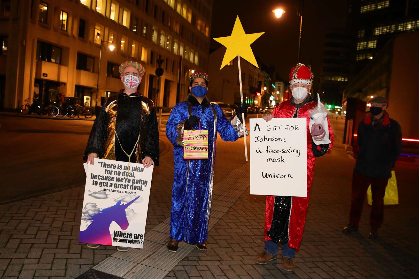 ‘Three Kings’ outside the Berlaymont building, the Headquarters of the European Commission in Brussels, ahead of the visit by Prime Minister Boris Johnson (Aaron Chown/PA)