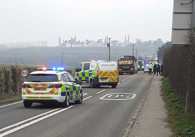 Emergency crews at the scene of the crash on the A257 Roman Road, which was closed for nine hours