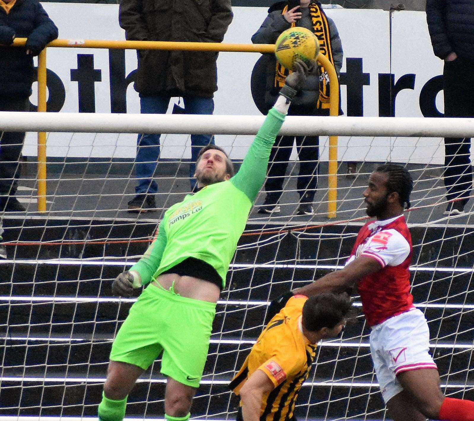 Goalkeeper Tim Roberts is put under pressure