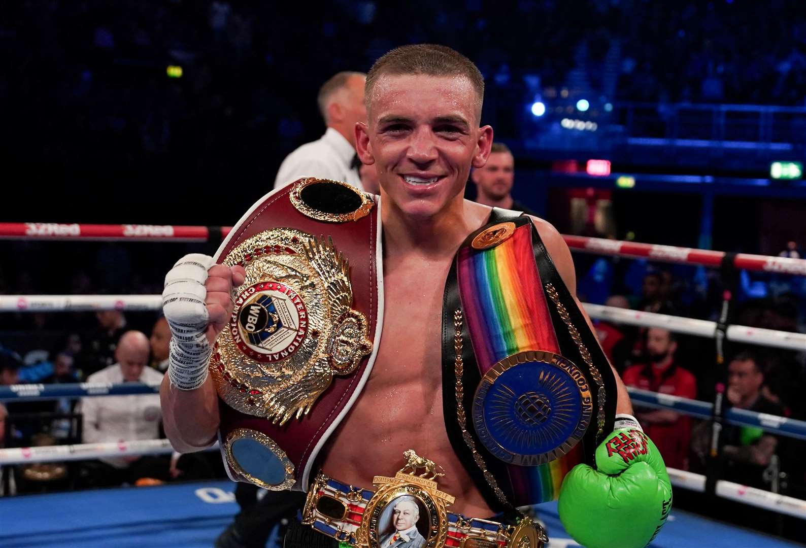 Maidstone boxer Dennis McCann with his British, Commonwealth and WBO Inter-Continental belts. Picture: Stephen Dunkley / Queensberry Promotions