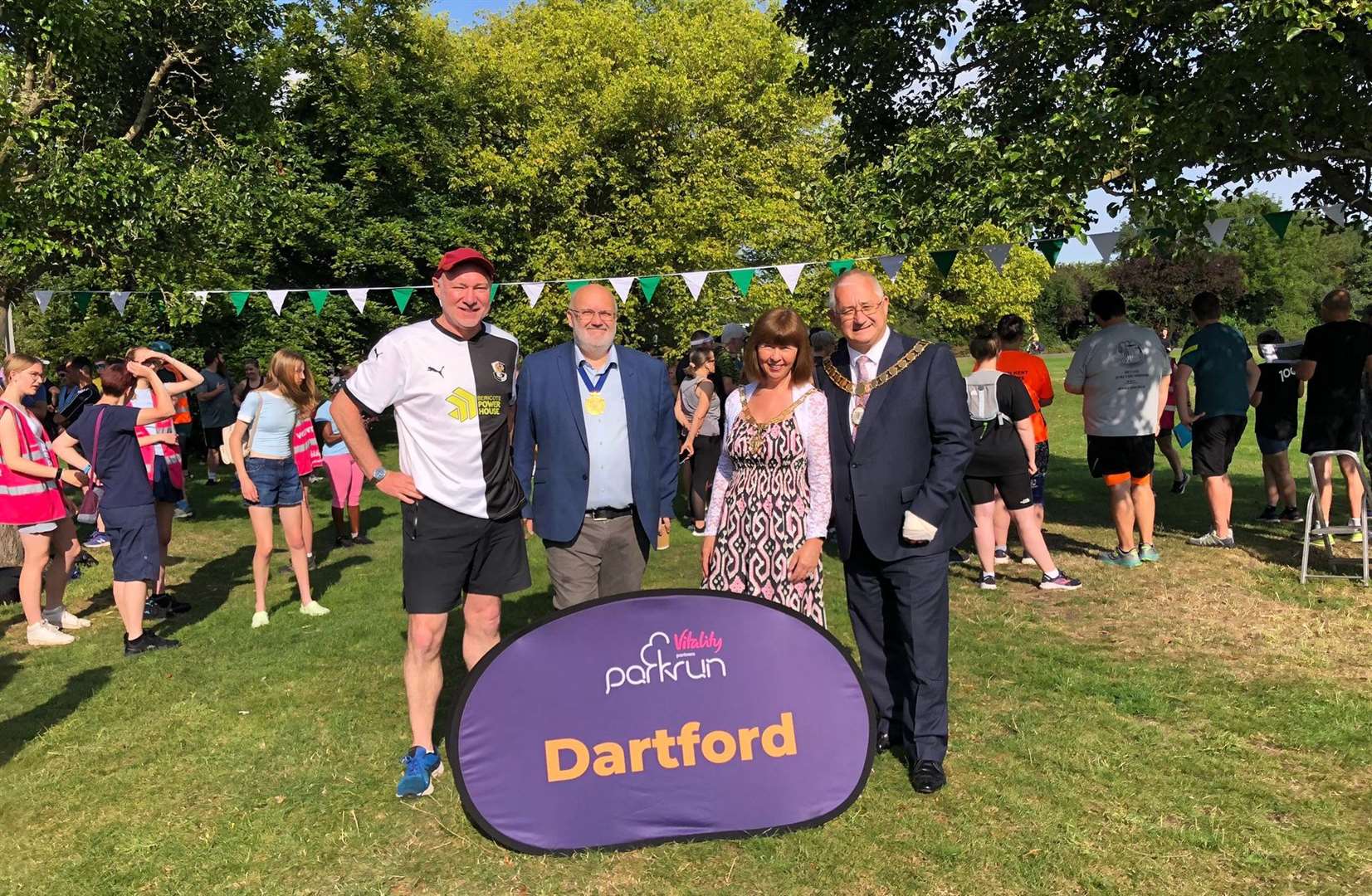 From left: Dartford MP Jim Dickson, Council Leader Jeremy Kite, Mayoress Diane Lloyd and Mayor Andy Lloyd at parkrun's 10th anniversary event. Picture: Stuart McTeer