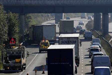 Scene of the accident involving a jack-knifed lorry on the coast bound M20 approaching Junction 9 at Ashford. Picture: Gary Browne