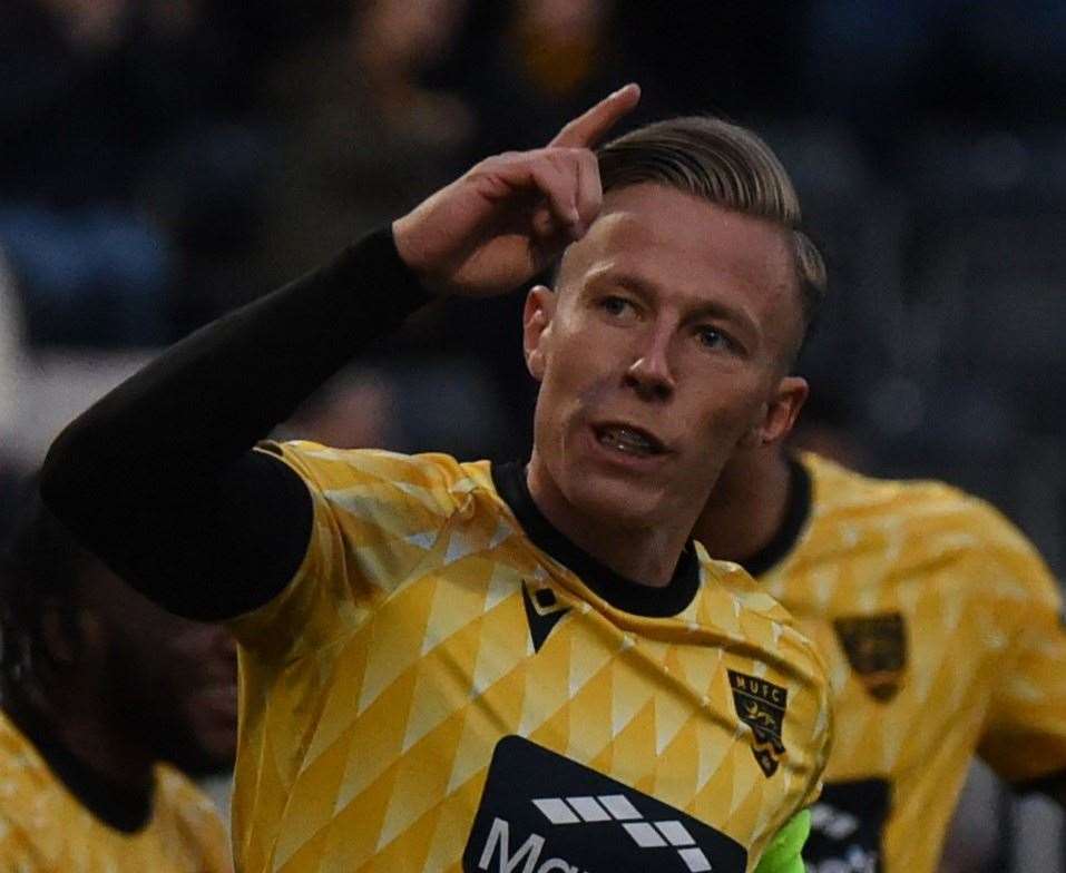 Maidstone captain Sam Corne celebrates after scoring one of his two goals in their 2-0 National League South win against Weymouth on Tuesday. Picture: Steve Terrell