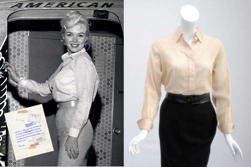 Marilyn Monroe in a striped cream-white blouse, pencil skirt and leather belt and, right, the outfit on display (Ted Stampfer Collection/PA)