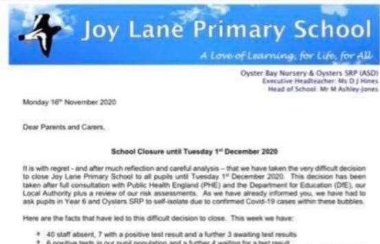 Today's notice to parents from Joy Lane Primary