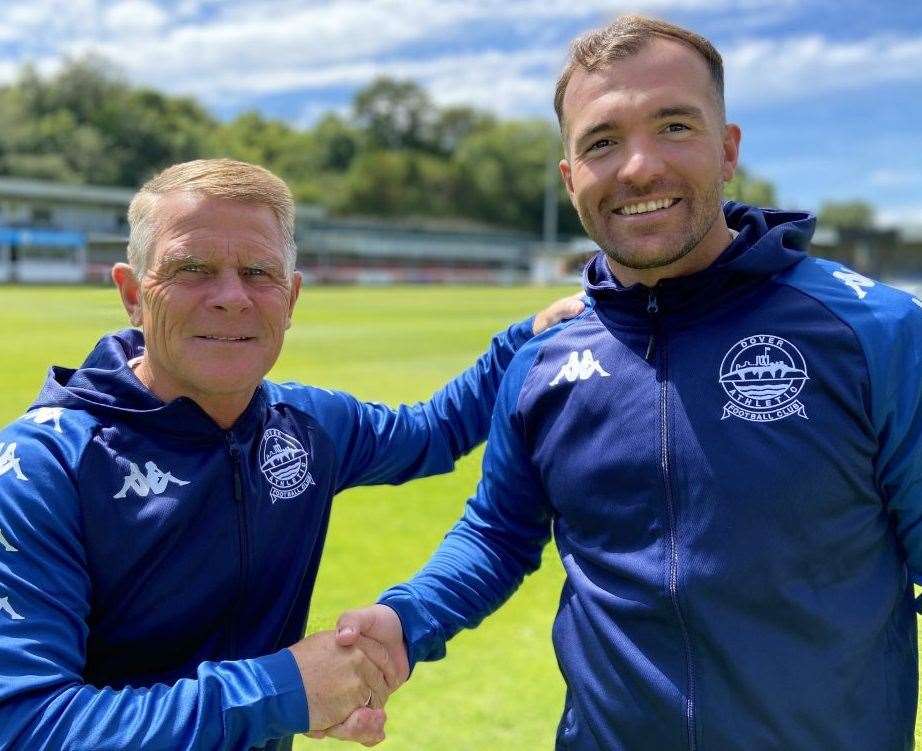 Dover player-assistant Mitch Brundle, right, with boss Andy Hessenthaler. Picture: Richard Harvey/DAFC