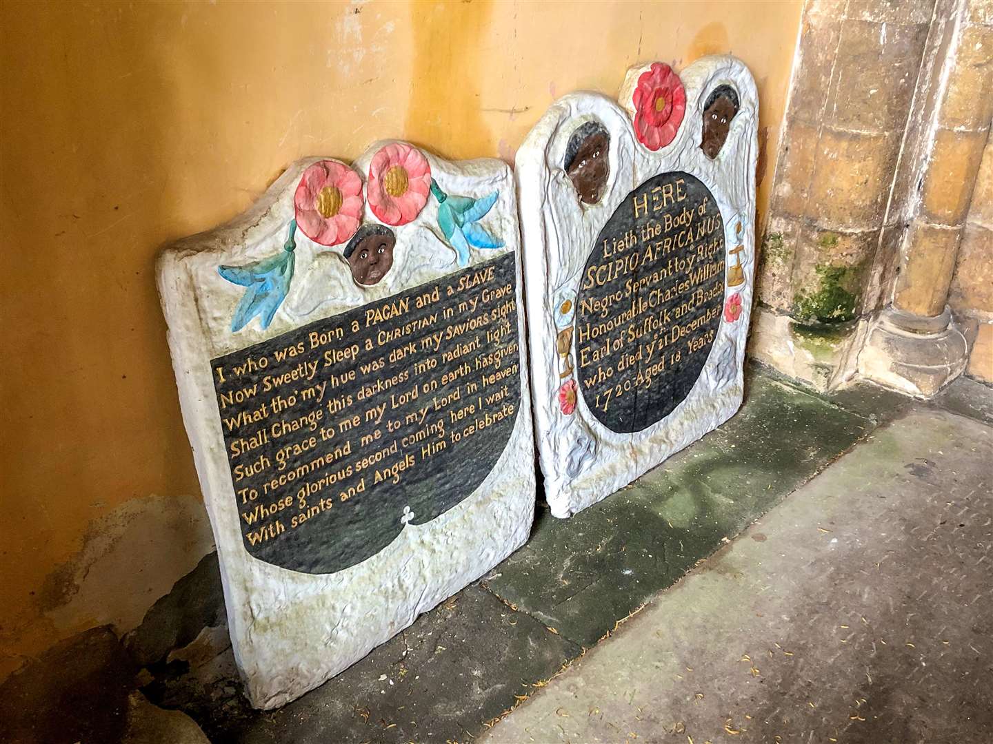 Copies of the grave stones at St Mary’s church (Ben Birchall/PA)