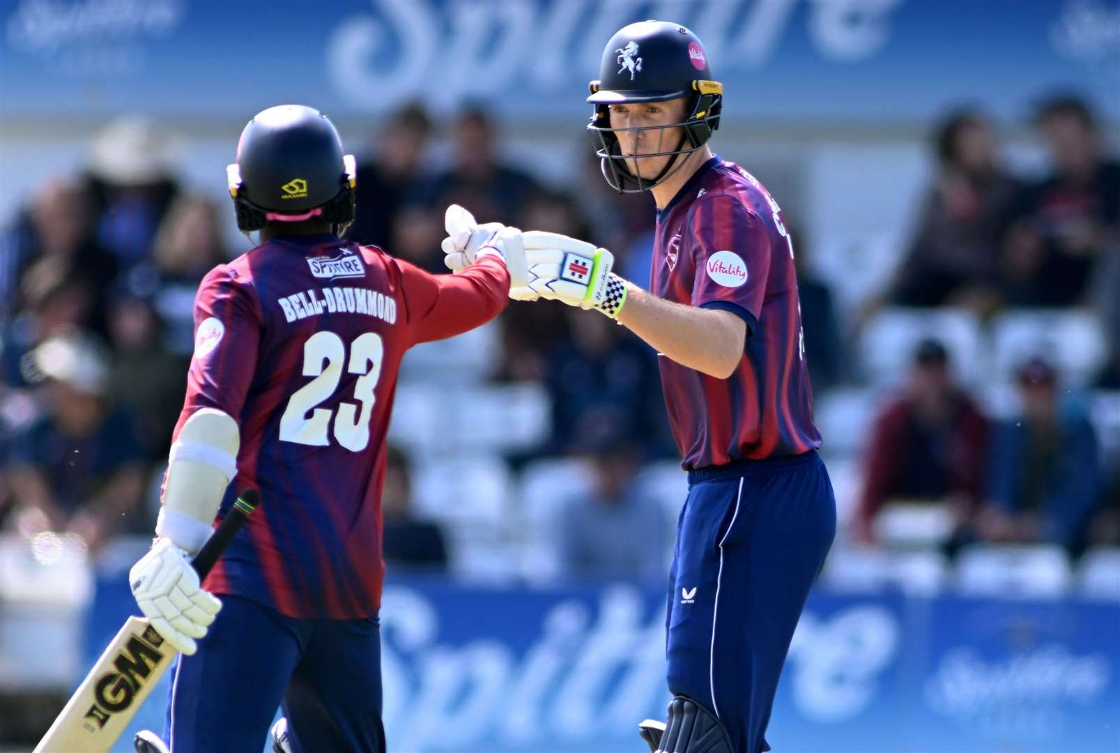 Opening batsmen Daniel Bell-Drummond and Zak Crawley meeting in the middle during Kent’s Blast loss to Gloucestershire. Picture: Barry Goodwin