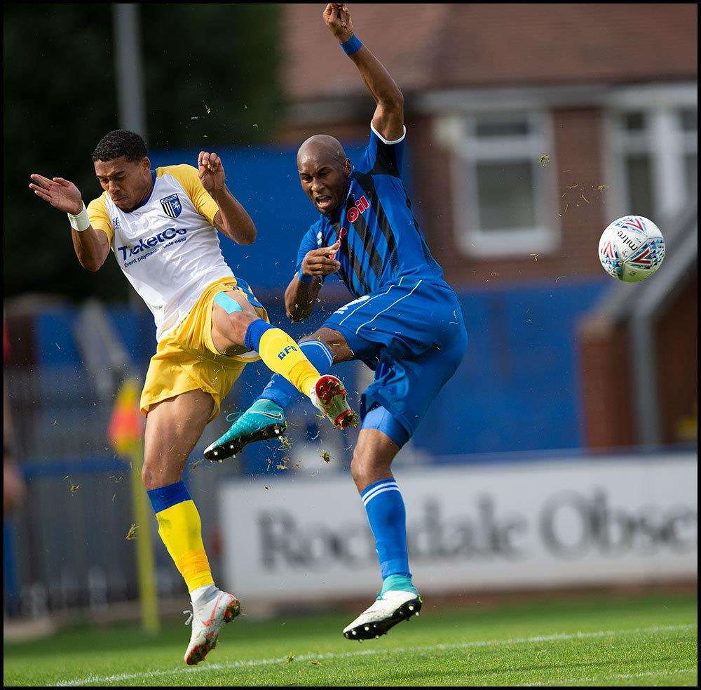 Bradley Garmston goes in for a challenge at Rochdale Picture: Ady Kerry