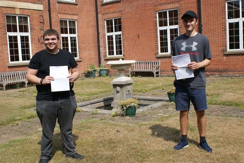 Kieran Hurwood and Luke Franks collecting their A-Level results at Borden Grammar School